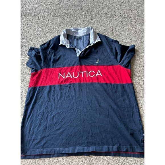 Nautica Navy Blue Polo Shirt 3XL Red Stripe Classic Casual Sport Golf Y2K - Picture 2 of 6